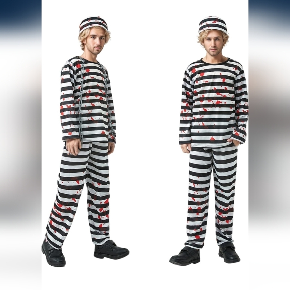 Striped Prisoner Costume with Hat and Chain - Picture 4 of 5